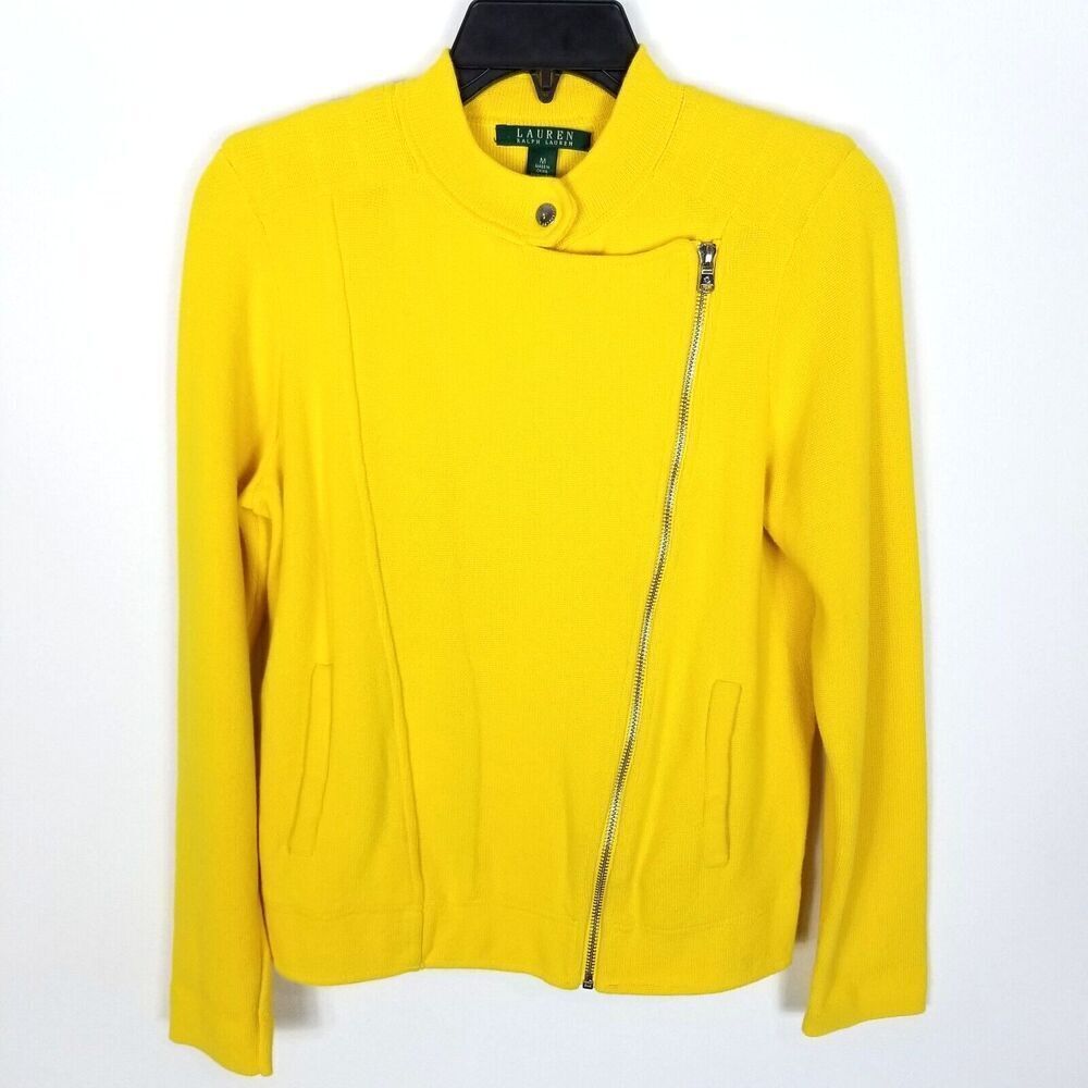 Lauren‎ Ralph Lauren Women Silk  Cashmere  Moto Jacket Sweater Size M Yellow Zip
